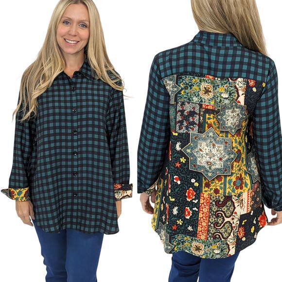 Shana floral back button up tunic shirt top size large w/ pockets western boho - Picture 1 of 9